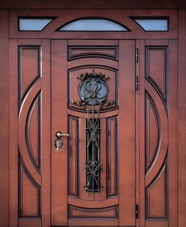 Парадная входная группа с терморазрывом, остеклением и ковкой (МДФ шпон с патиной)