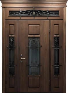 Парадная входная группа с терморазрывом, стеклом, ковкой и карнизом (MDF) Парадная входная группа с терморазрывом, стеклом, ковкой и карнизом (MDF)