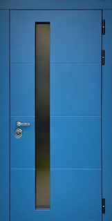 Металлическая утепленная термодверь МДФ RAL синего цвета с узким длинным стеклом