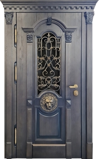 Металлическая термодверь с капителями, стеклом и кованой решеткой (МДФ с резьбой и декором «лев»)