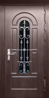 Входная термодверь с остеклением и решеткой (коричневый МДФ с фрезеровкой) Входная термодверь с остеклением и решеткой (коричневый МДФ с фрезеровкой)