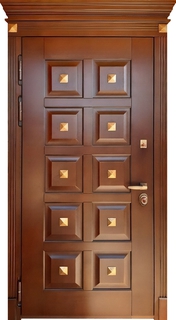 Входная термодверь МДФ с псевдофиленкой, карнизом и декором «пирамидки»