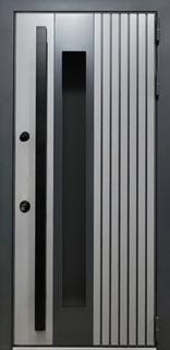 Современная стальная термодверь с тонированным стеклом и бугельной ручкой (серые двухцветные панели МДФ RAL)