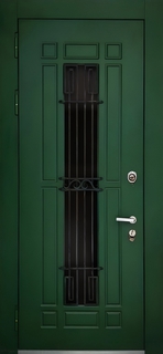 Остекленная термодверь с ковкой и с панелями МДФ RAL зеленого цвета Остекленная термодверь с ковкой и с панелями МДФ RAL зеленого цвета