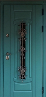 Стальная термодверь с узким стеклопакетом и накладной ковкой (отделка МДФ RAL зеленый и белый) Стальная термодверь с узким стеклопакетом и накладной ковкой (отделка МДФ RAL зеленый и белый)