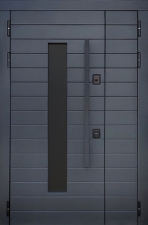 Стальная полуторная термодверь со стеклопакетом и бугельной ручкой (серые панели МДФ RAL)