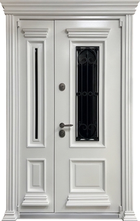 Полуторная термодверь с металлобагетом, карнизом, остеклением и решеткой (белый порошковый окрас) Полуторная термодверь с металлобагетом, карнизом, остеклением и решеткой (белый порошковый окрас)