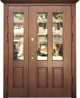 Стальная полуторная дверь с терморазрывом, остеклением, карнизом и ковкой (МДФ шпон) Стальная полуторная дверь с терморазрывом, остеклением, карнизом и ковкой (МДФ шпон)